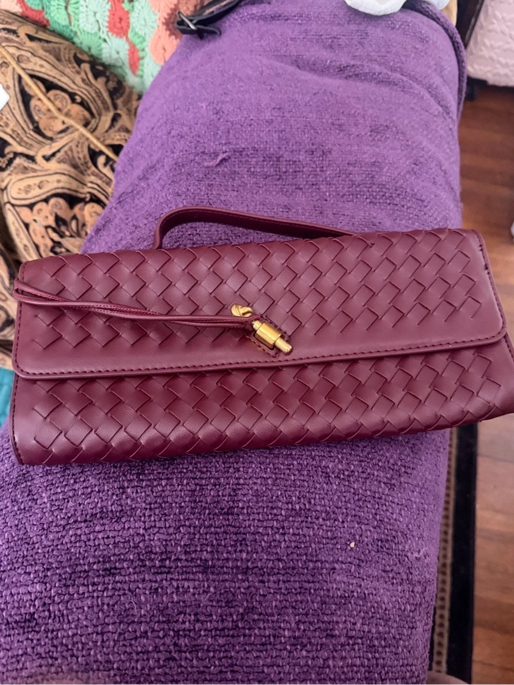 Woven Leather Clutch in Burgundy
